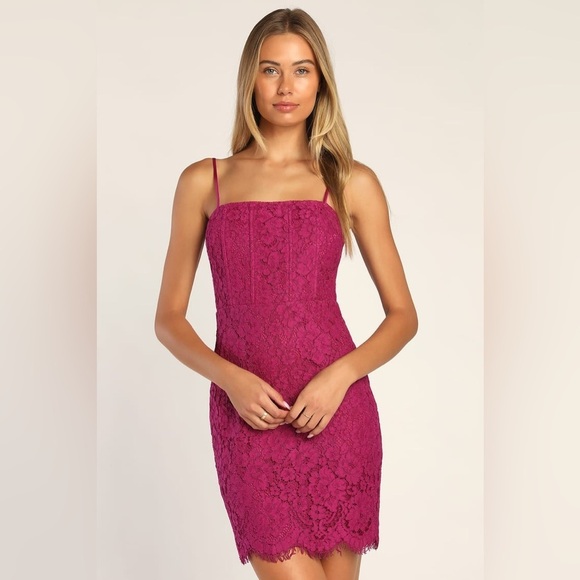 Lulus Keep It Social Magenta Lace Bodycon Mini Dress Sz. Small - Picture 2 of 14